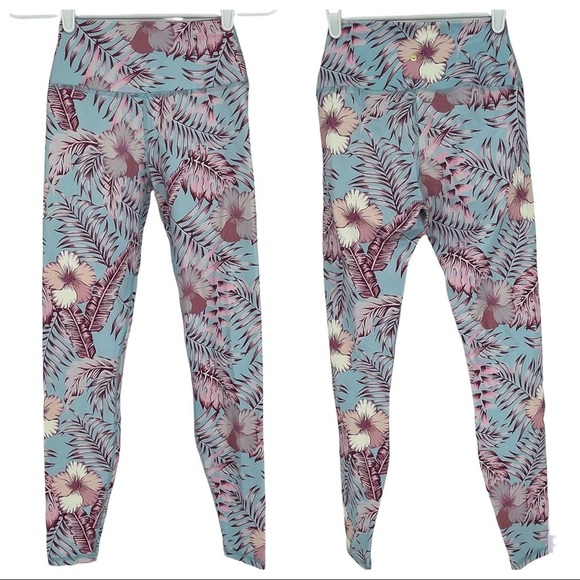 Spiritual Gangster Pants - SPIRITUAL GANGSTER TROPICAL HAWAIIAN PRINT BLUE PINK HIGH RISE LEGGINGS SMALL